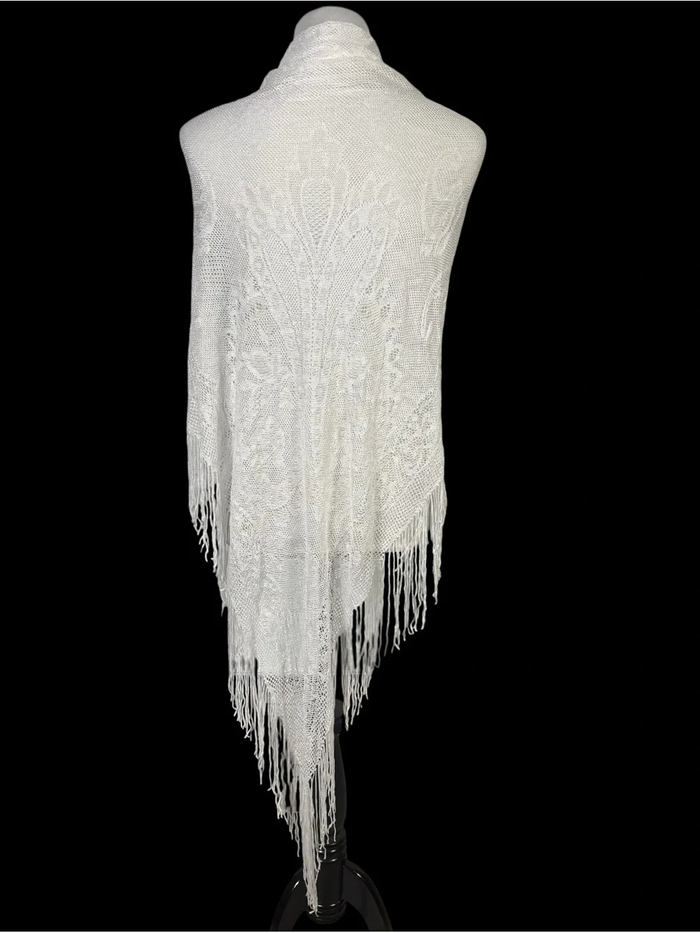 Specialty House VTG White Paisley Scarf Knit Shawl Fringe Granny Cottage Core